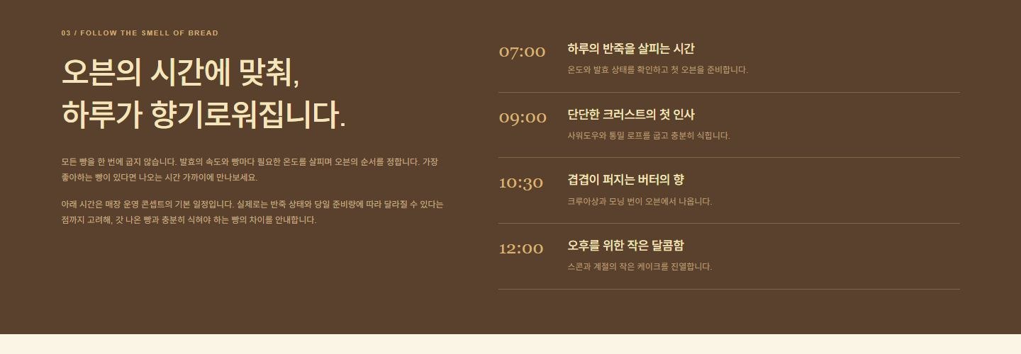 ritual bakehouse 시안의 오븐 시간표 섹션. 07:00부터 12:00까지 네 단계
