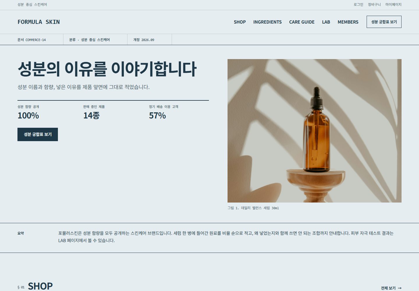 FORMULA SKIN 콘셉트 시안의 PC 첫 화면